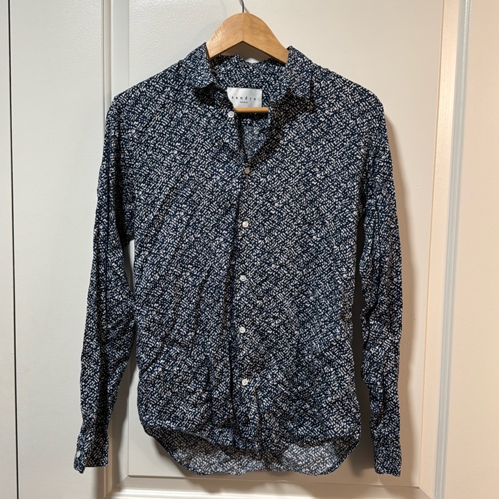 Sandro Paris Blue and white patterned cotton button down size small